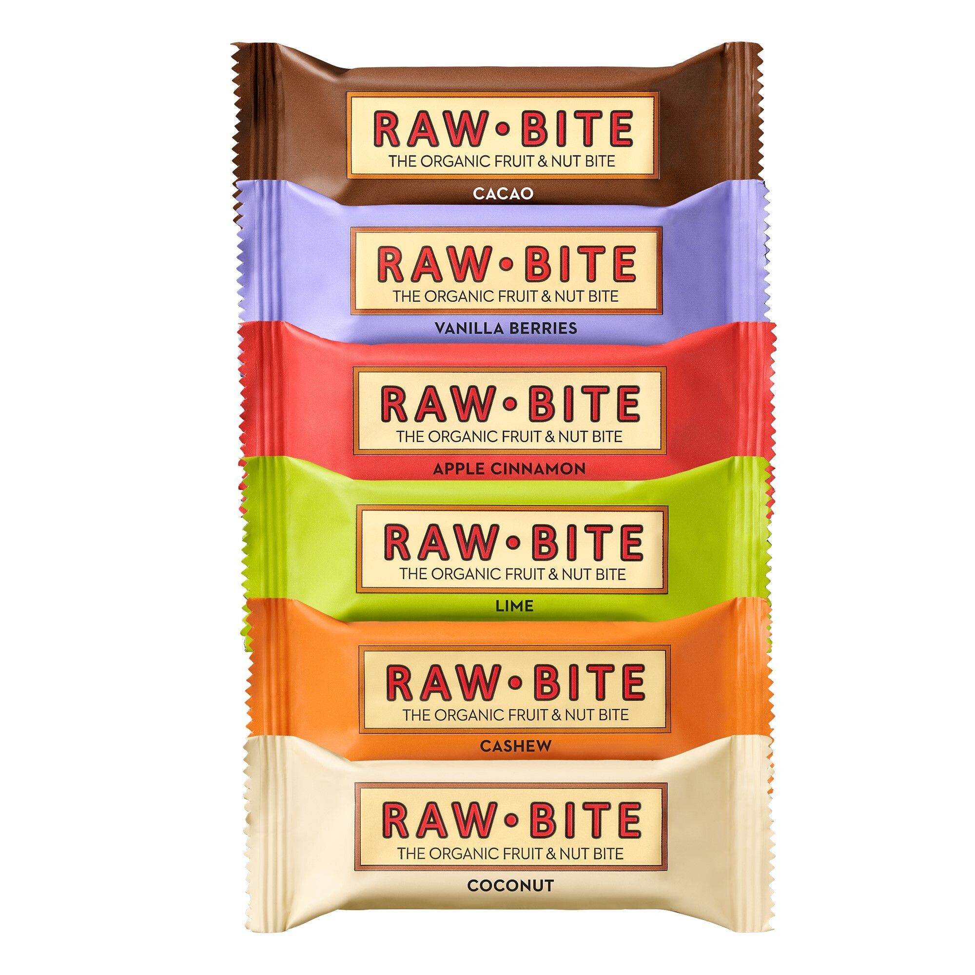 Plusieurs barres de différentes couleurs. Chaque barre porte la mention "RAW BITE" et le goût : Cacao, Vanilla Berries, Apple Cinnamon, Lime, Cashew, Coconut.