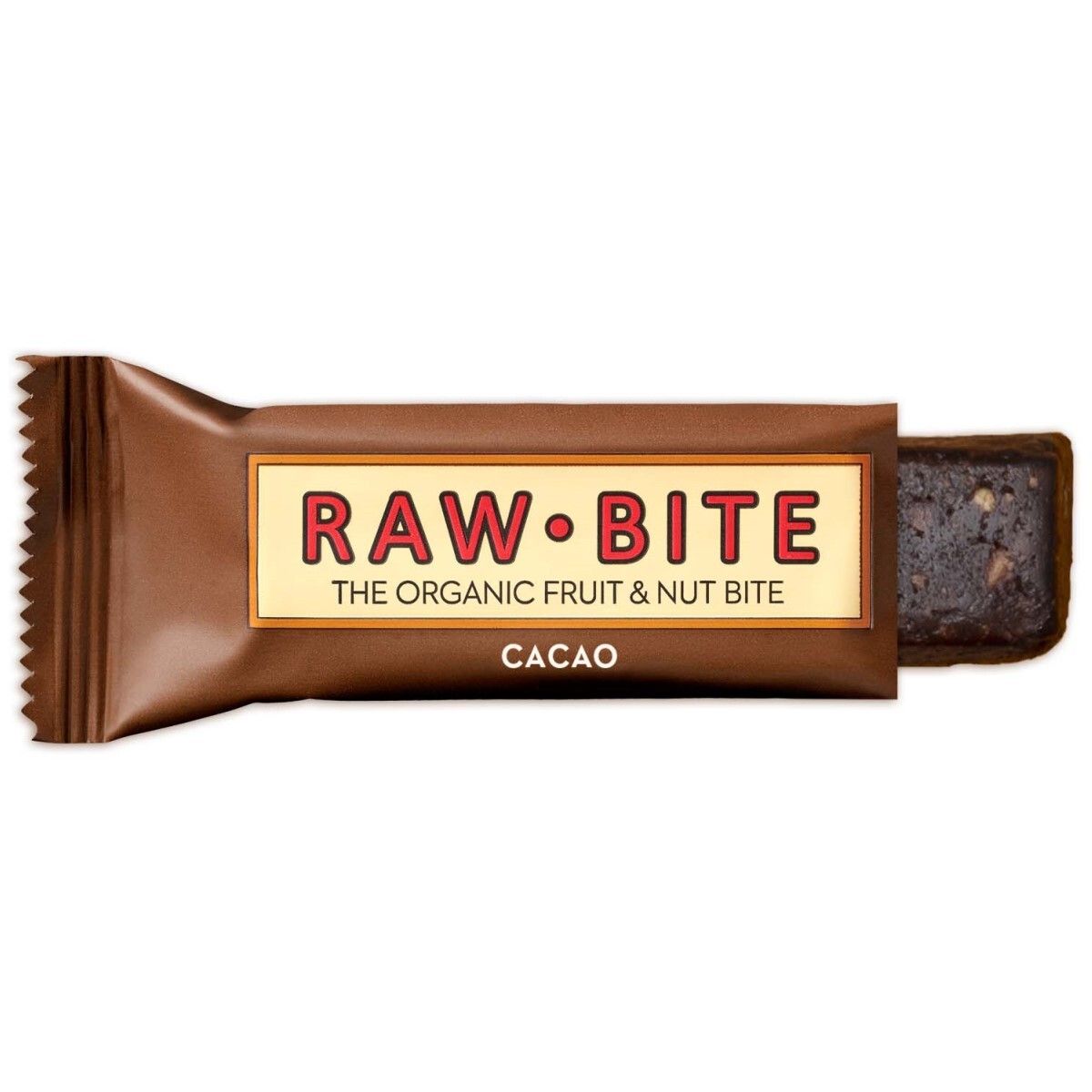 Barre marron dans un emballage marron. L'emballage porte la mention "RAW BITE" et "Cacao". La barre est partiellement visible.