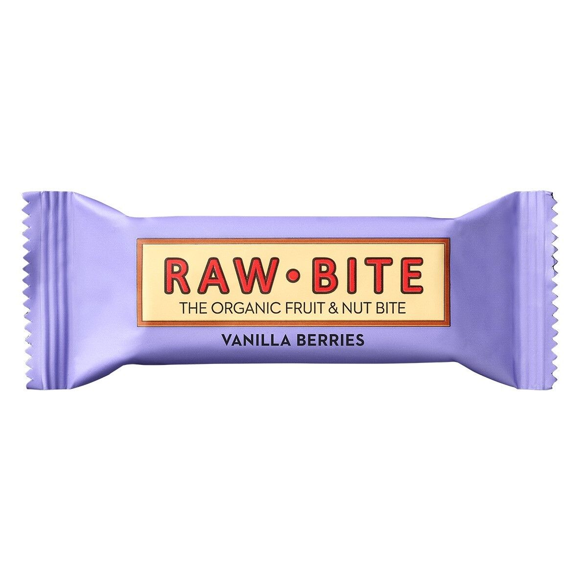 Barre violette dans un emballage violet. L'emballage porte la mention "RAW BITE" et "Vanilla Berries".