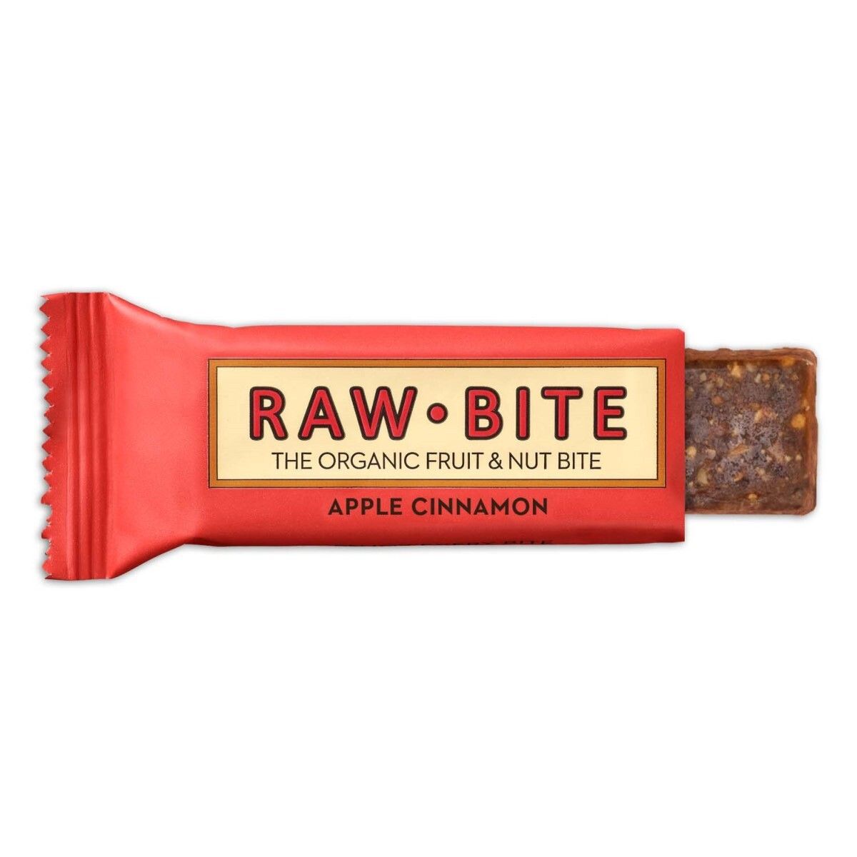 Barre rouge dans un emballage rouge. L'emballage porte la mention "RAW BITE" et "Apple Cinnamon". La barre est partiellement visible.