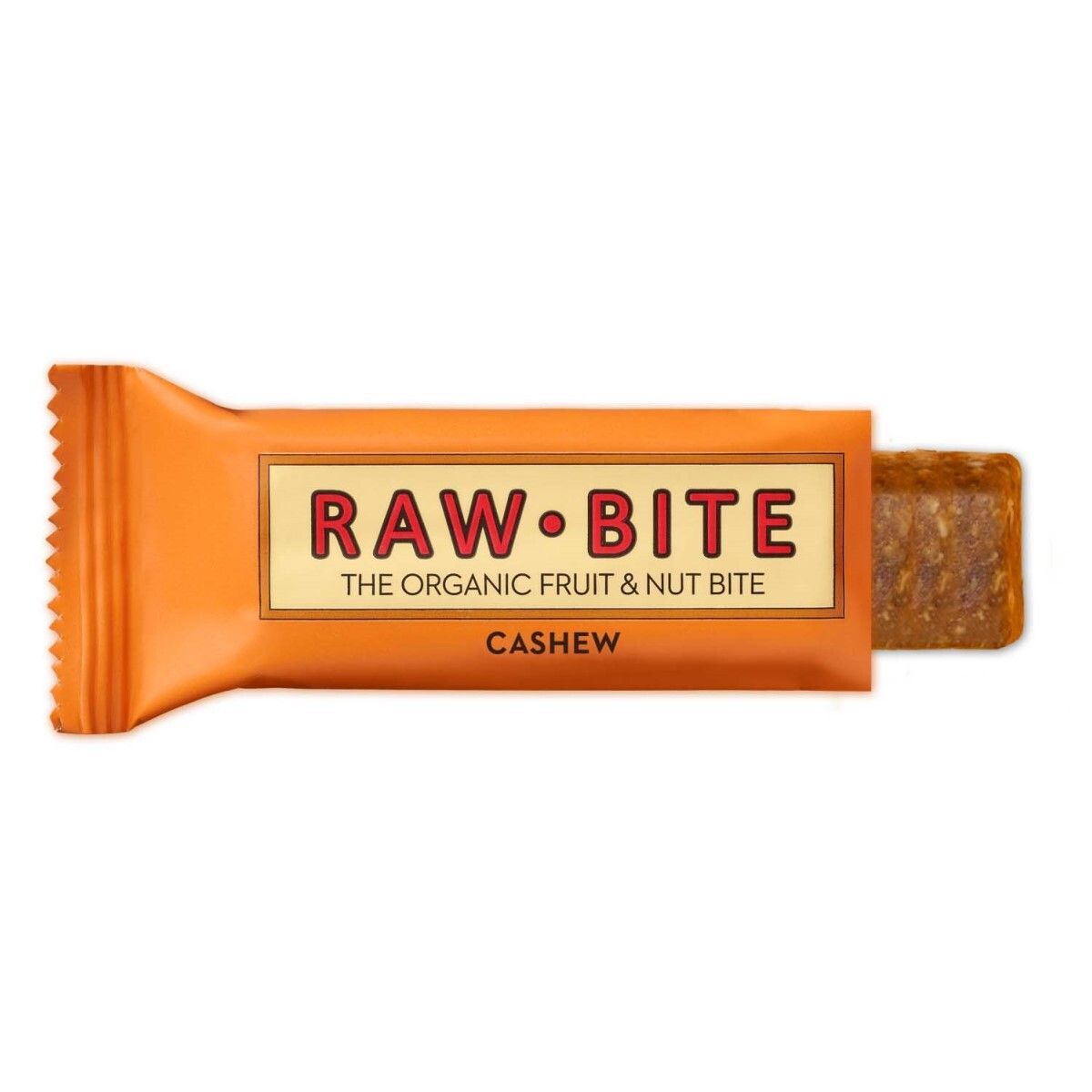 Barre orange dans un emballage orange. L'emballage porte la mention "RAW BITE" et "Cashew". La barre est partiellement visible.
