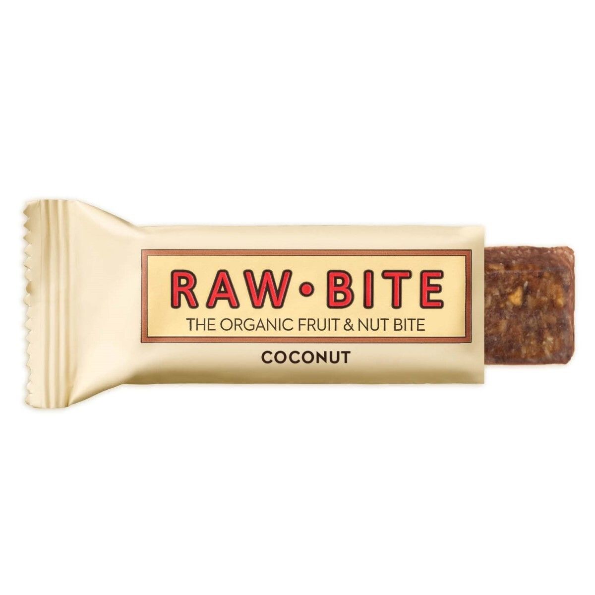 Barre beige dans un emballage beige. L'emballage porte la mention "RAW BITE" et "Coconut". La barre est partiellement visible.