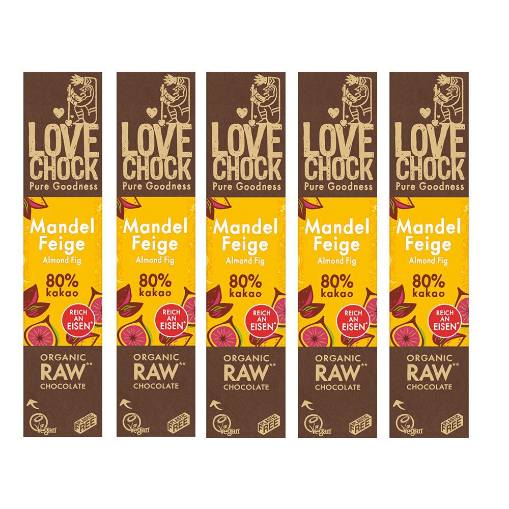 Cinq barres LOVECHOCK Mandel-Feige 80% Kakao. Emballage avec nom du produit, ingrédients et logo. Certification bio.