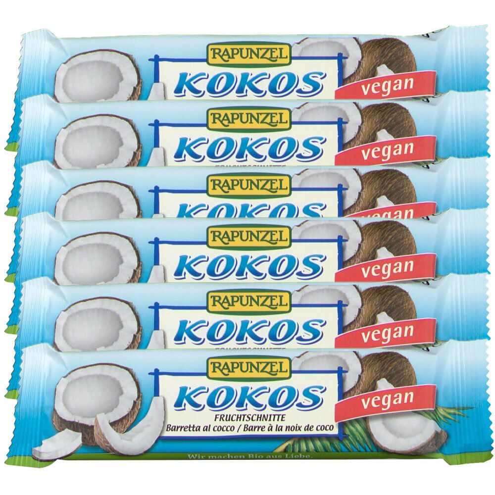 Plusieurs barres saveur noix de coco. Emballage bleu avec inscription "KOKOS". Label végan.
