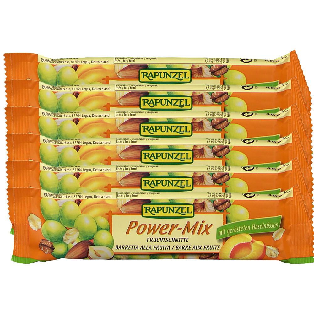 Plusieurs barres emballées. Inscription : RAPUNZEL, Power-Mix, Fruchtschnitte, avec noisettes grillées.