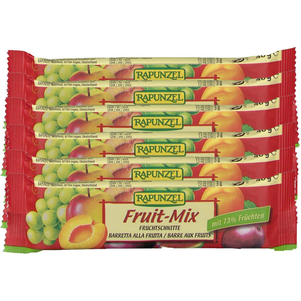 Plusieurs barres aux fruits dans un emballage rouge. Inscription : RAPUNZEL, Fruit-Mix, avec 73% de fruits. Illustration de fruits.