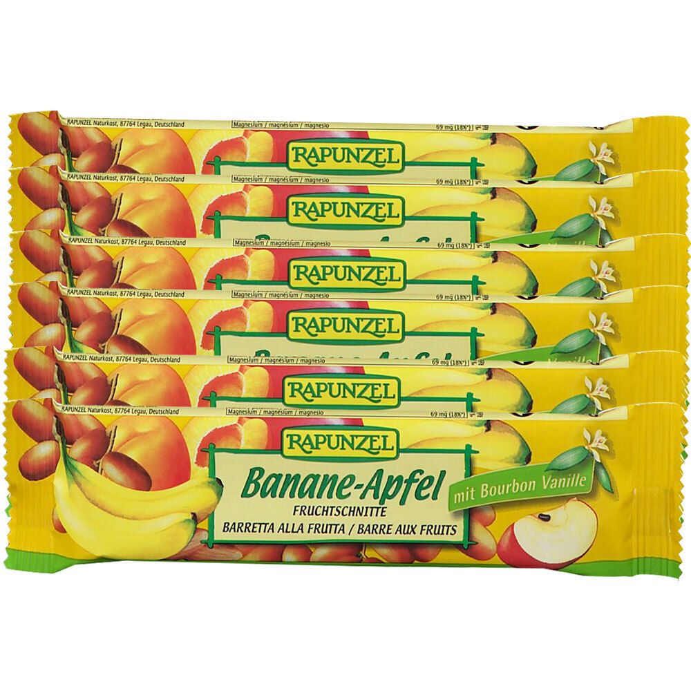 Plusieurs barres emballées. Inscription : RAPUNZEL, Banane-Apfel, Fruchtschnitte, avec vanille Bourbon.