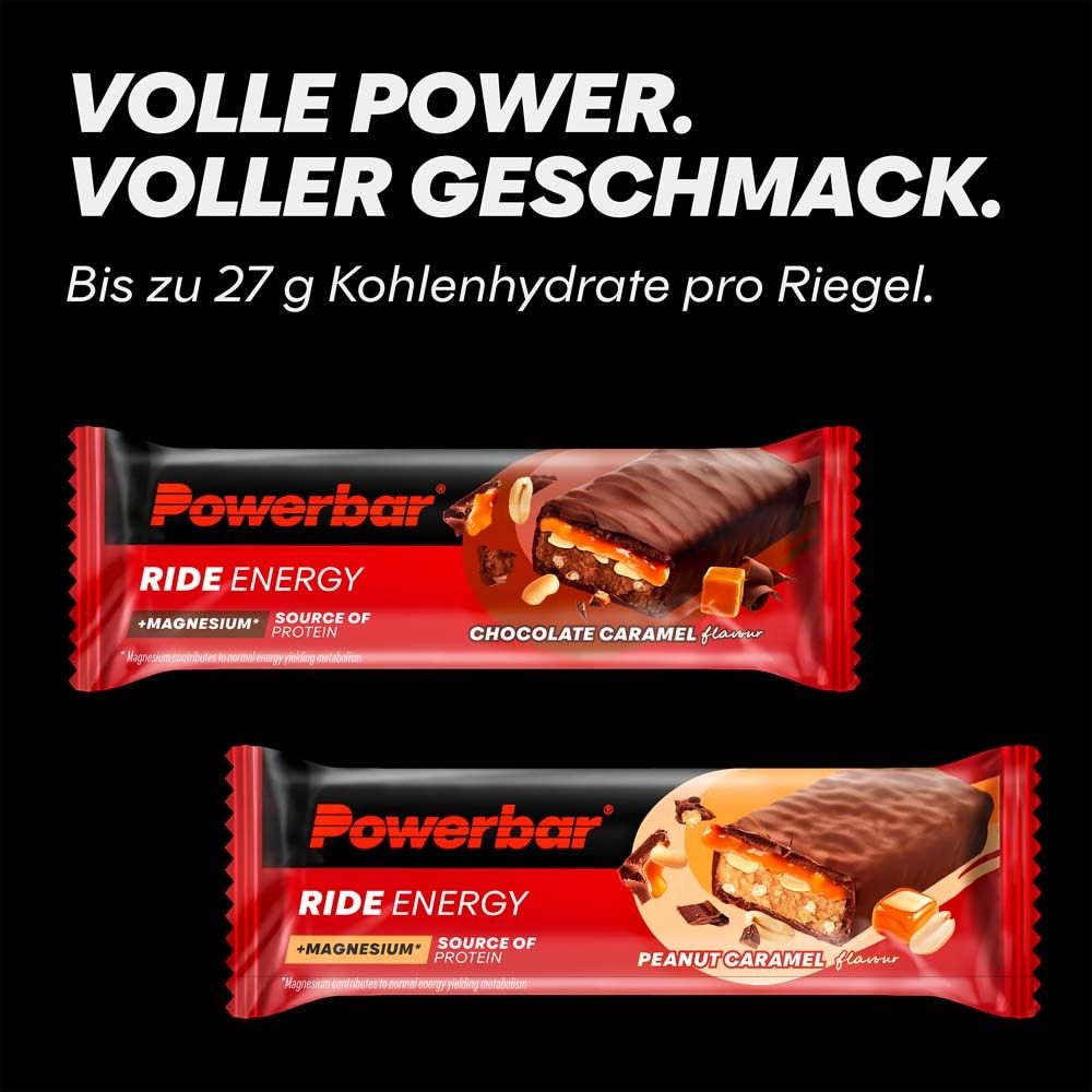 Deux barres PowerBar Ride Energy, cacahuète caramel et chocolat caramel. Fond noir avec texte: Volle Power. Voller Geschmack.