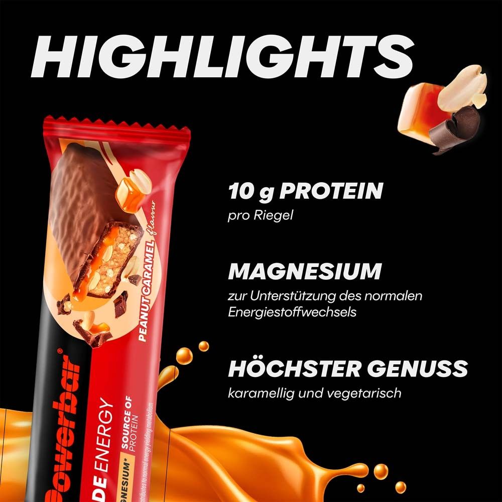 Barre PowerBar Ride Energy, cacahuète caramel. Fond rouge avec texte: Highlights. 10 g Protein. Magnesium. Höchster Genuss.