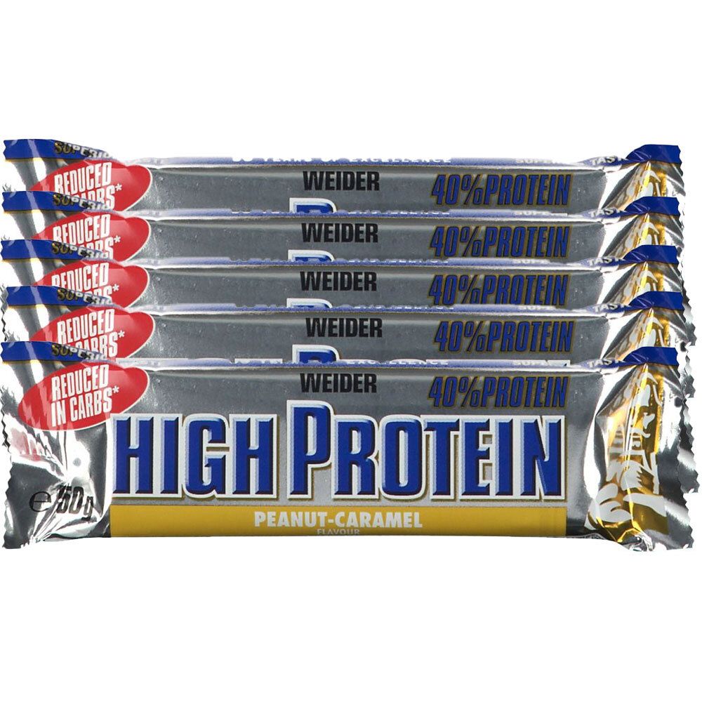 Plusieurs barres protéinées emballées. Inscriptions: Weider, 40% Protein, High Protein, Peanut-Caramel, Réduit en glucides.