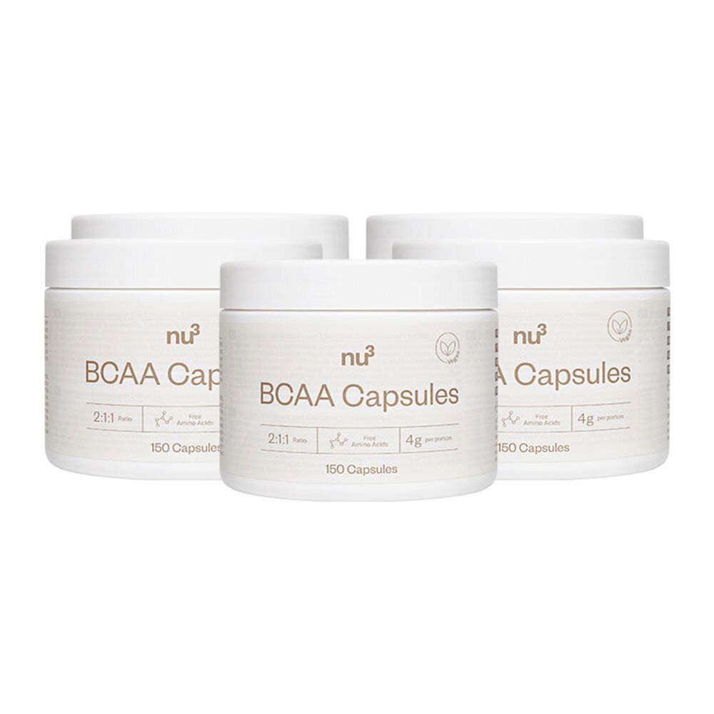 Plusieurs pots blancs "nu3 BCAA Capsules". 150 gélules par pot. Rapport 2:1:1, 4g par portion.