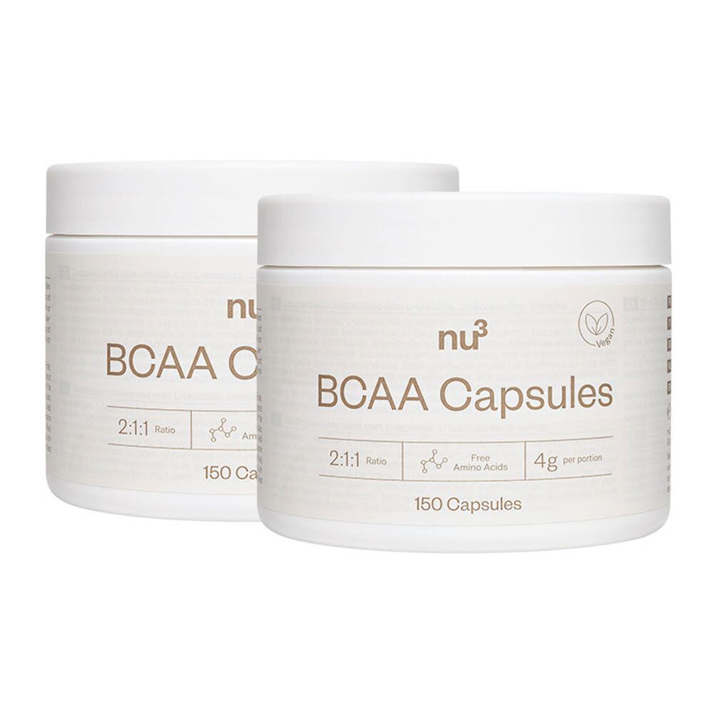 Deux pots blancs "BCAA Capsules". Logo vegan. 150 capsules.