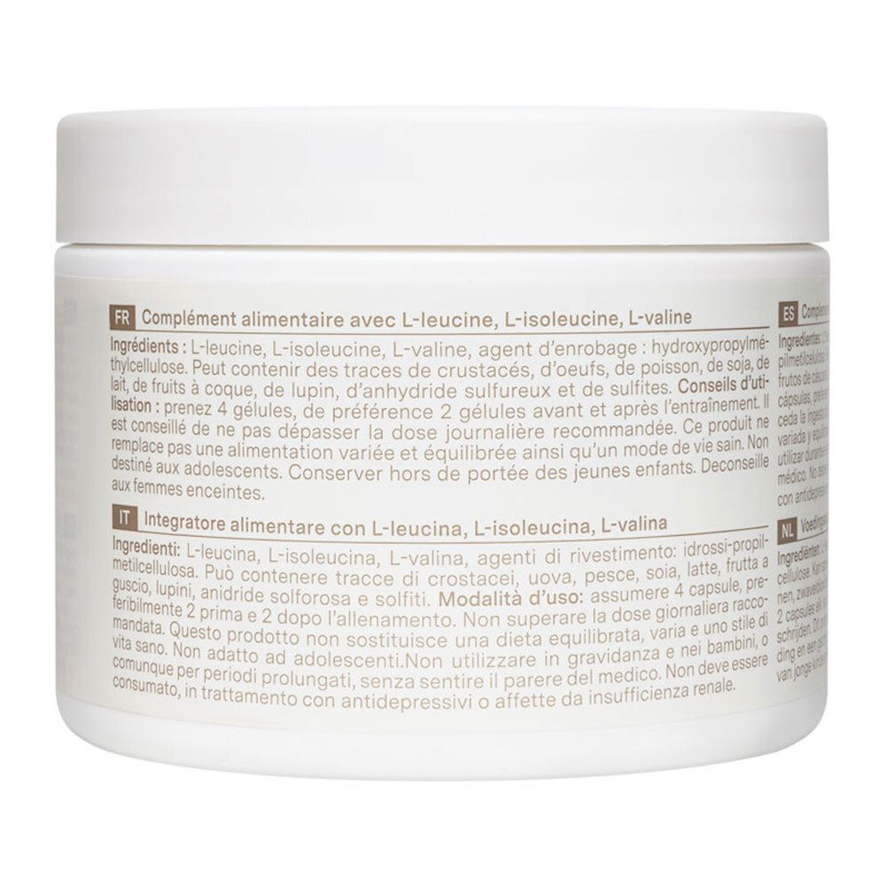 Dos d'un pot blanc avec texte multilingue. Contient des informations sur les ingrédients et le dosage.