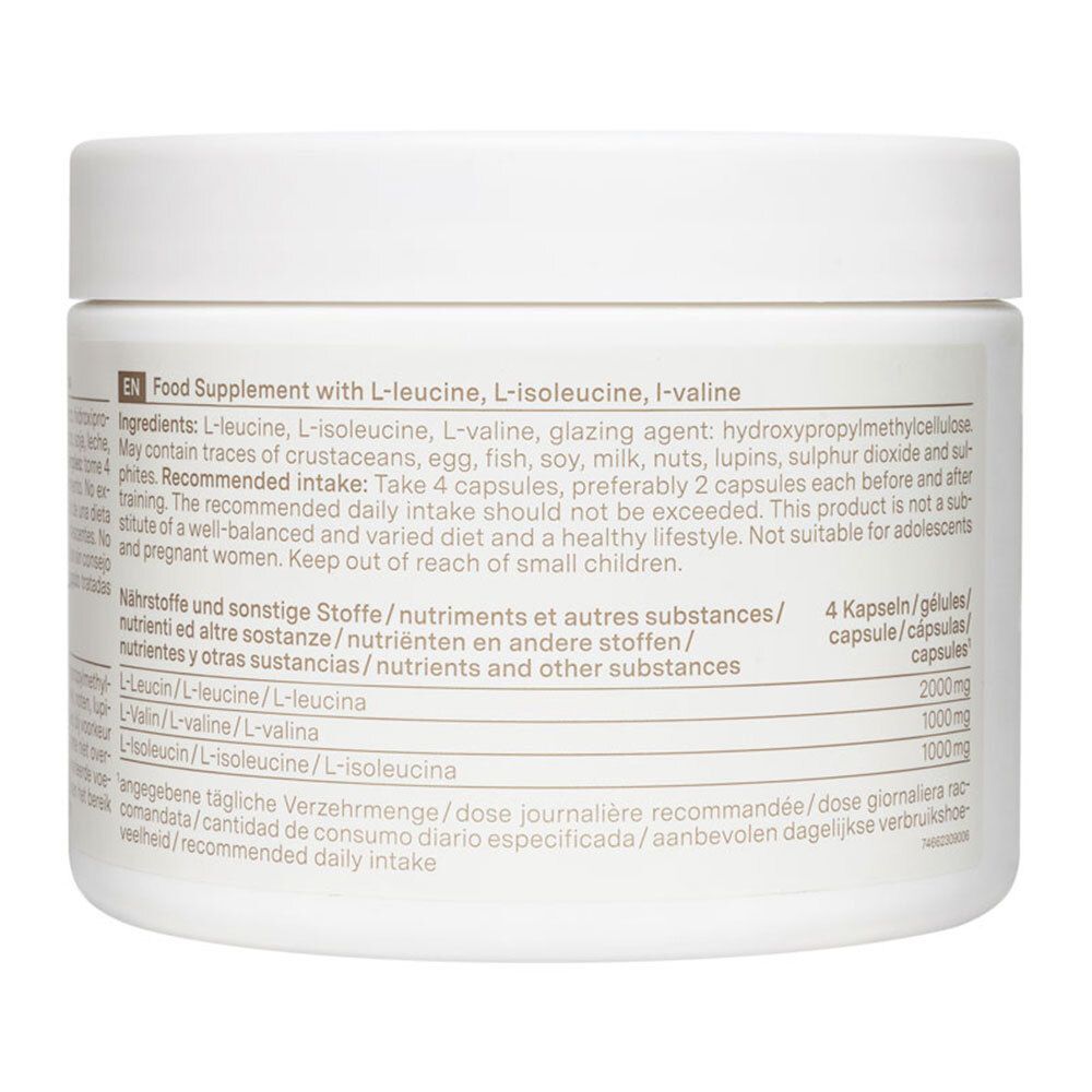 Dos d'un pot blanc avec texte multilingue. Contient des informations sur les ingrédients et le dosage.