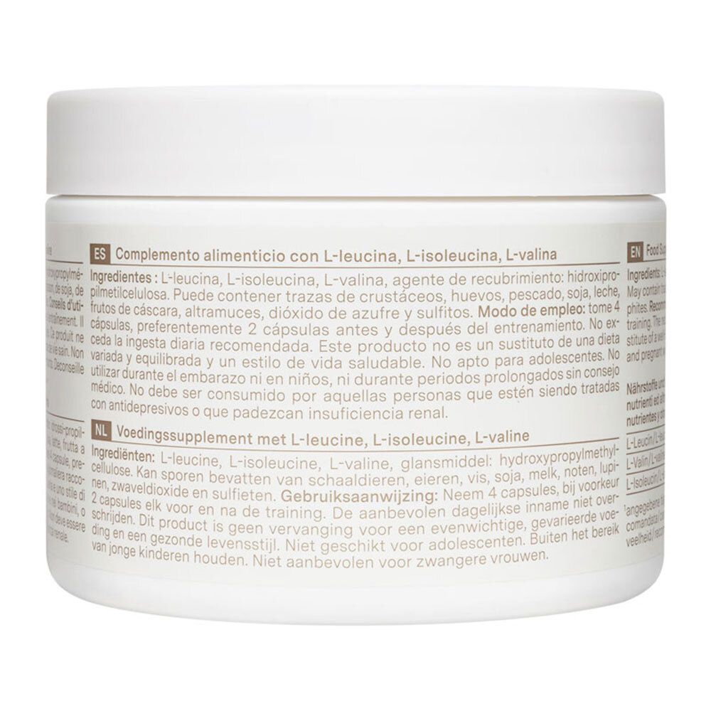 Dos d'un pot blanc avec texte multilingue. Contient des informations sur les ingrédients et le dosage.