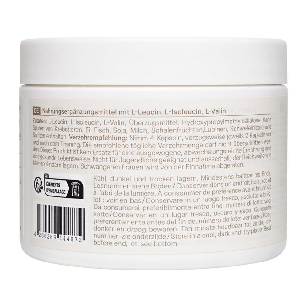 Dos d'un pot blanc avec texte multilingue. Contient des informations sur les ingrédients et le dosage.