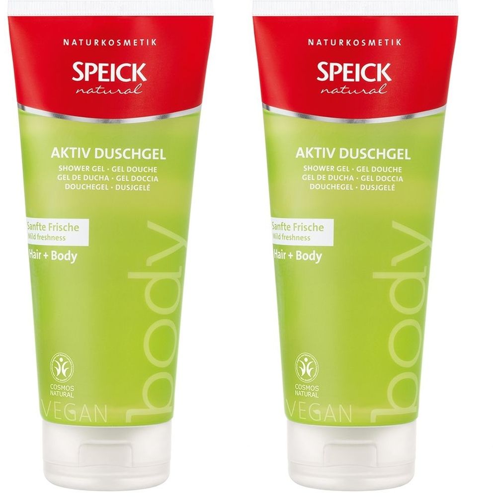 Deux tubes verts avec bouchon rouge. Inscription : SPEICK natural, AKTIV DUSCHGEL, vegan. Contient du gel douche pour cheveux et corps.