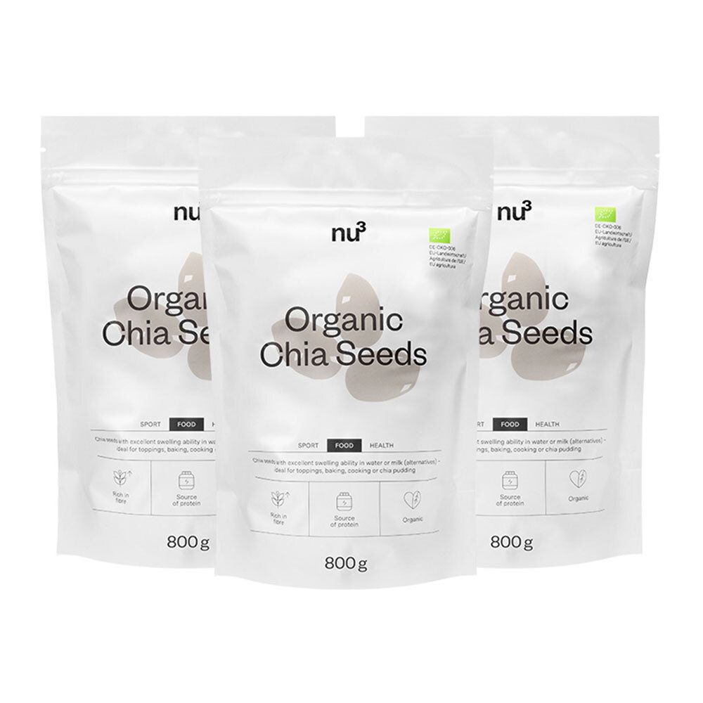Trois sachets de graines de chia bio nu3. Emballage blanc avec nom du produit et label bio. Indication 800g.