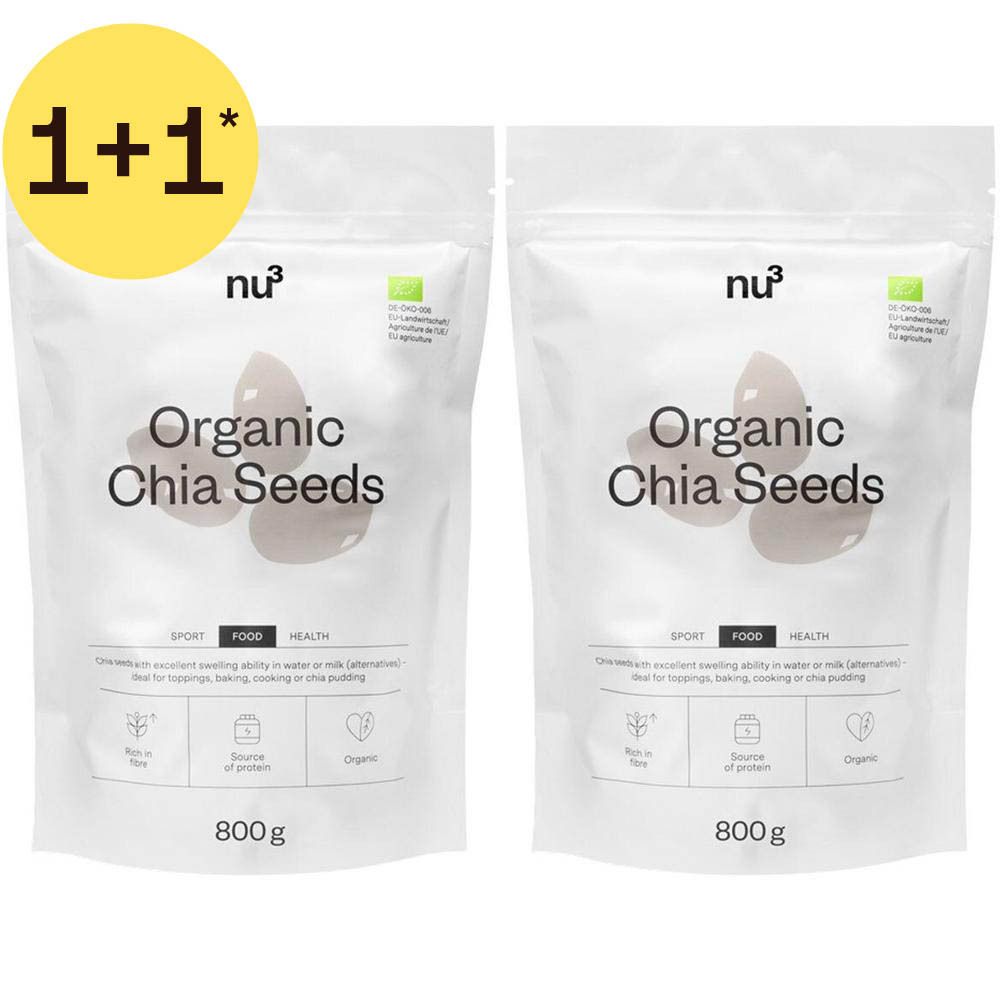 Deux paquets de graines de chia bio, chacun 800g. Promotion "1+1" mise en avant.