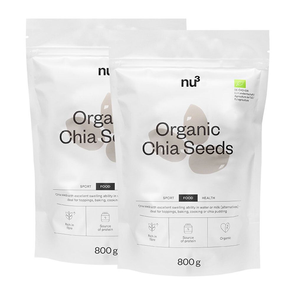Deux paquets de graines de chia bio nu3. Emballage blanc avec nom et logo du produit. Paquet de 800g.