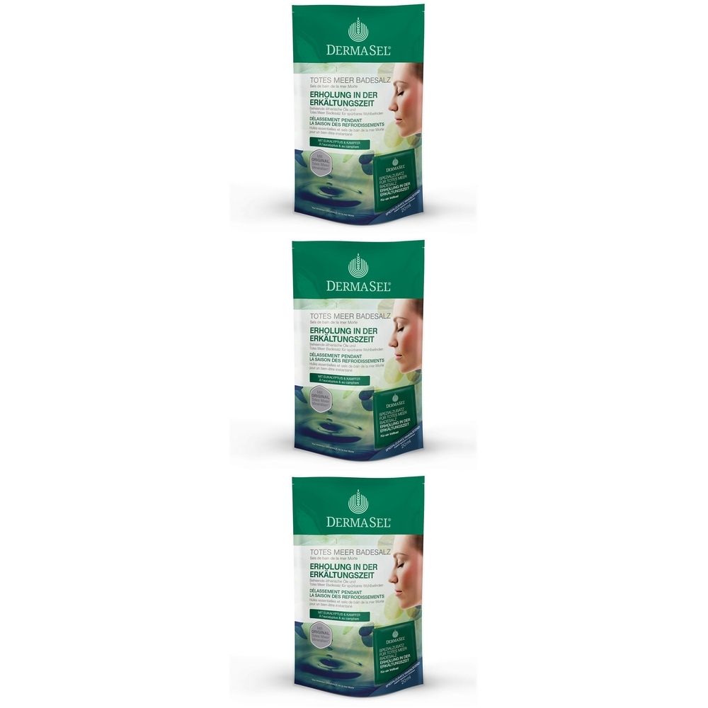 Trois sachets verts avec image et texte. "DERMASEL" en haut. Impression avec visage de femme et nom du produit.