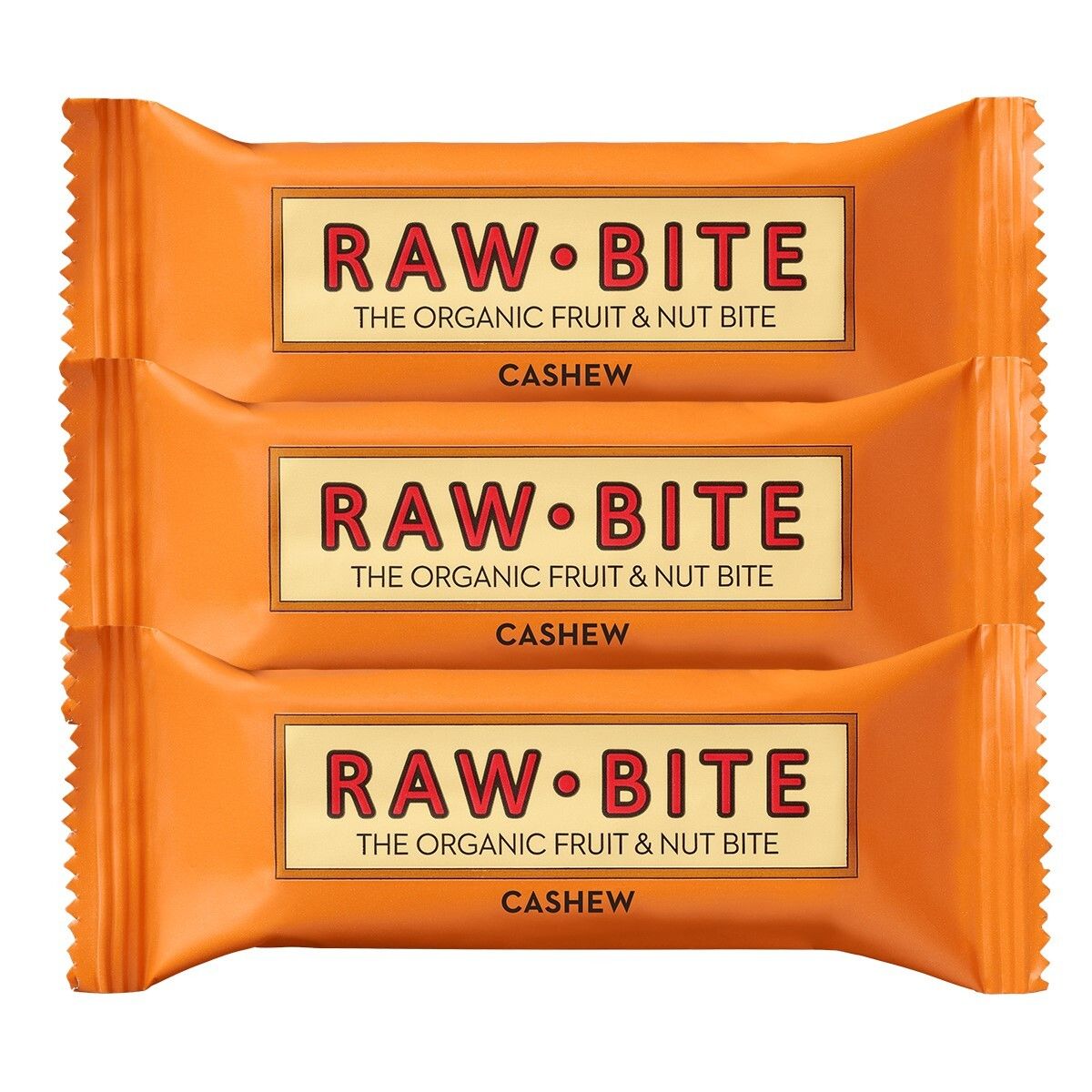 Trois barres emballées. Inscription : RAWBITE, THE ORGANIC FRUIT & NUT BITE, Cashew. Emballage orange.