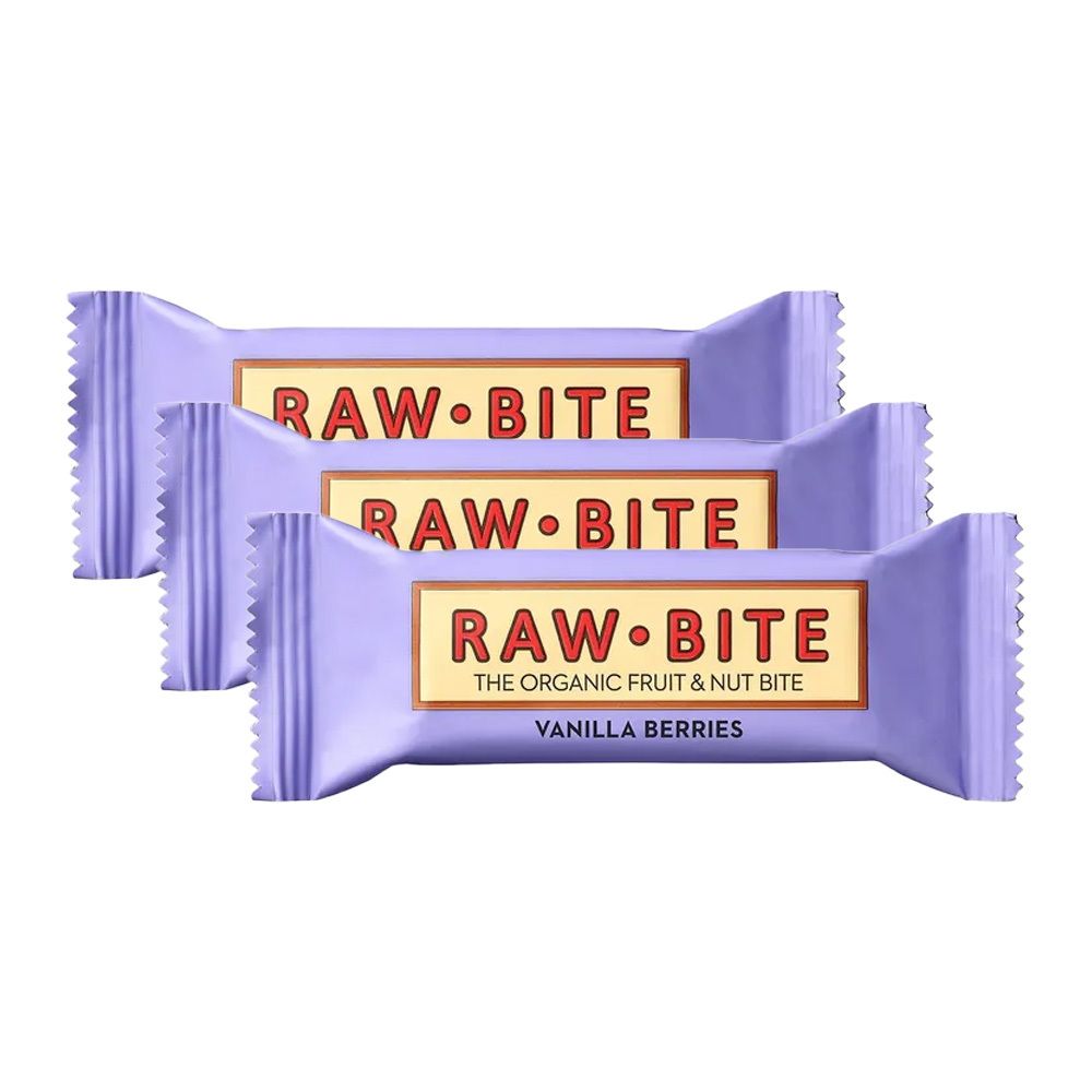Trois barres emballées en violet. Inscription: RAW BITE, Vanilla Berries.