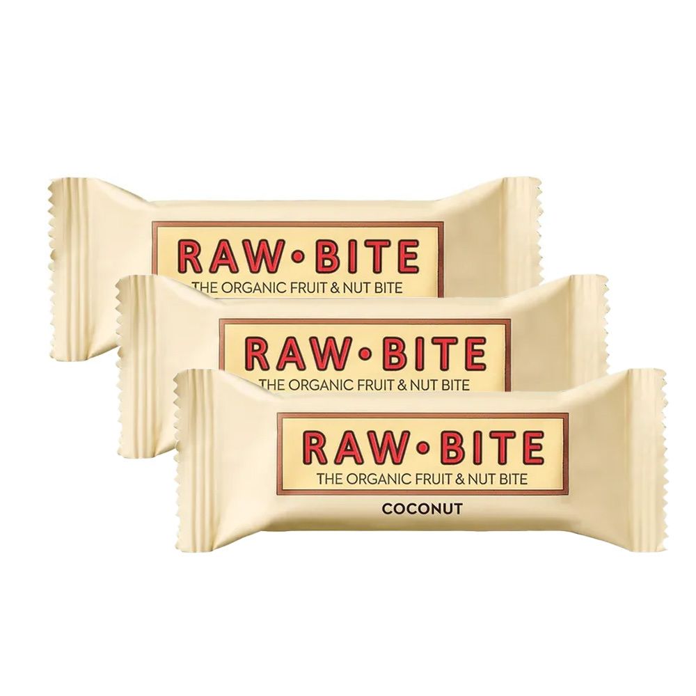 Trois barres Raw Bite Kokusnuss emballées en crème. Inscription : Raw Bite, noix de coco. Barre organique aux fruits et noix.