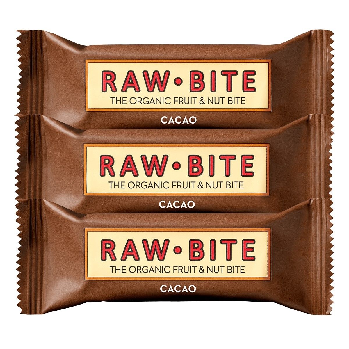 Trois barres emballées. Inscription : RAWBITE, THE ORGANIC FRUIT & NUT BITE, CACAO.