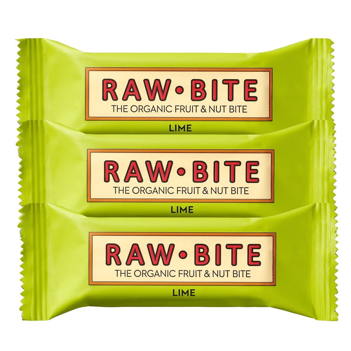 Trois barres vertes avec l'inscription "RAW BITE". Inscription : "THE ORGANIC FRUIT & NUT BITE" et "LIME".