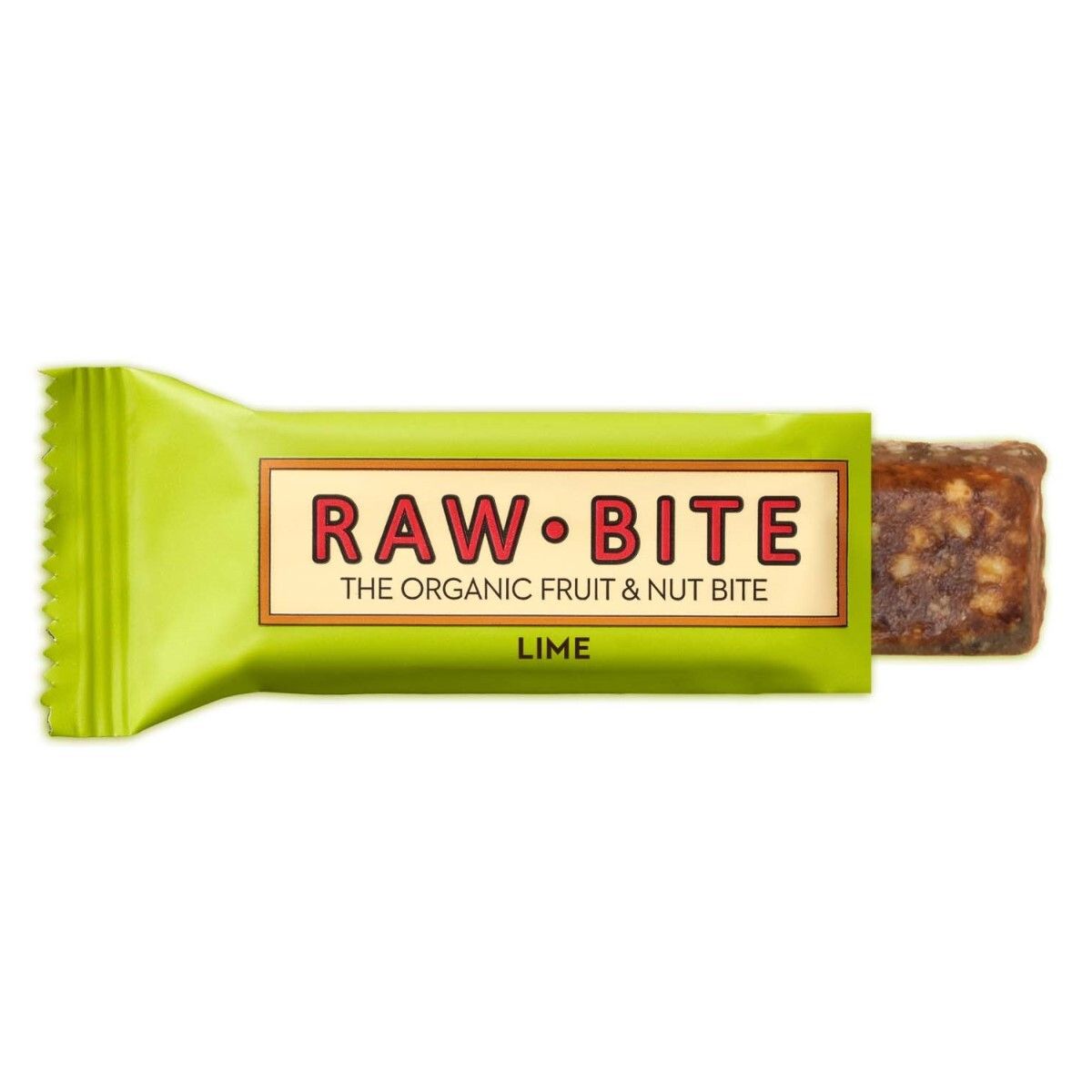 Barre verte avec l'inscription "RAW BITE". Inscription : "THE ORGANIC FRUIT & NUT BITE" et "LIME". Emballage ouvert.