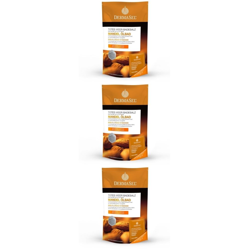 Trois paquets de DERMASEL® SPA Mandel Ölbad. Emballage orange avec informations et image d'amandes.