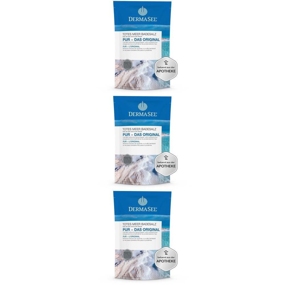 Trois paquets de DERMASEL® Sel de bain de la mer Morte PUR - L'ORIGINAL.