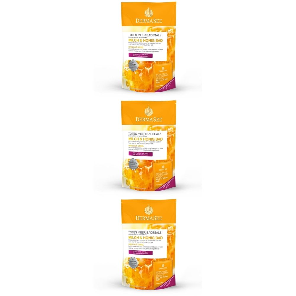 Trois sachets oranges avec informations produit. Inscription: DERMASEL, Sel de bain de la mer Morte, Lait & Miel.