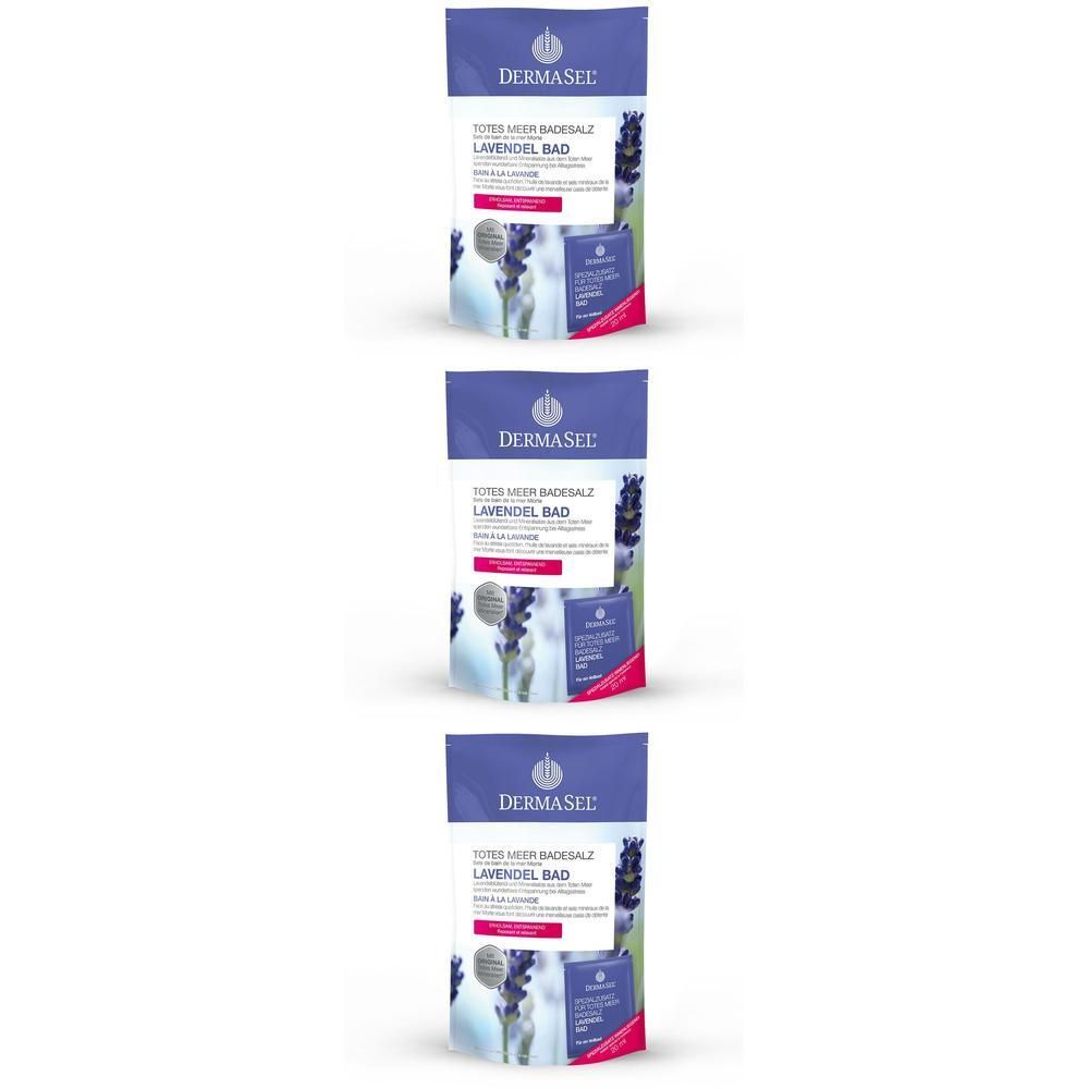 Trois paquets de DERMASEL® SPA Bain à la Lavande avec motif lavande.