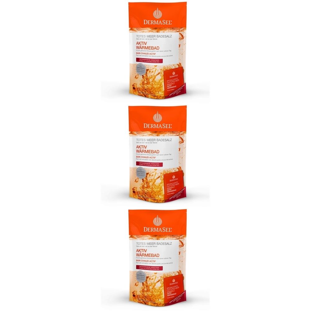 Trois sachets avec partie supérieure orange et fenêtre transparente. Inscription: DERMASEL, Aktiv Wärmebad.