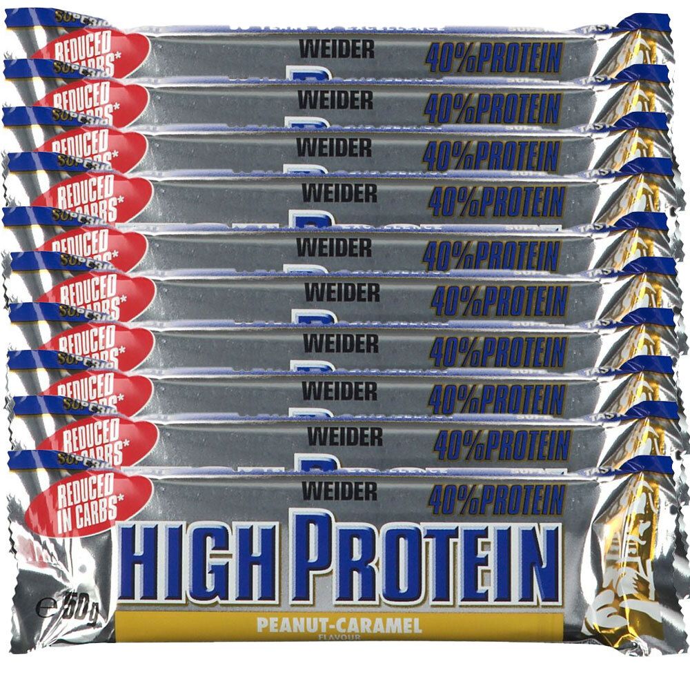 Plusieurs barres protéinées emballées. Inscription : Weider, High Protein, 40% Protein, Peanut-Caramel. Réduit en sucres.