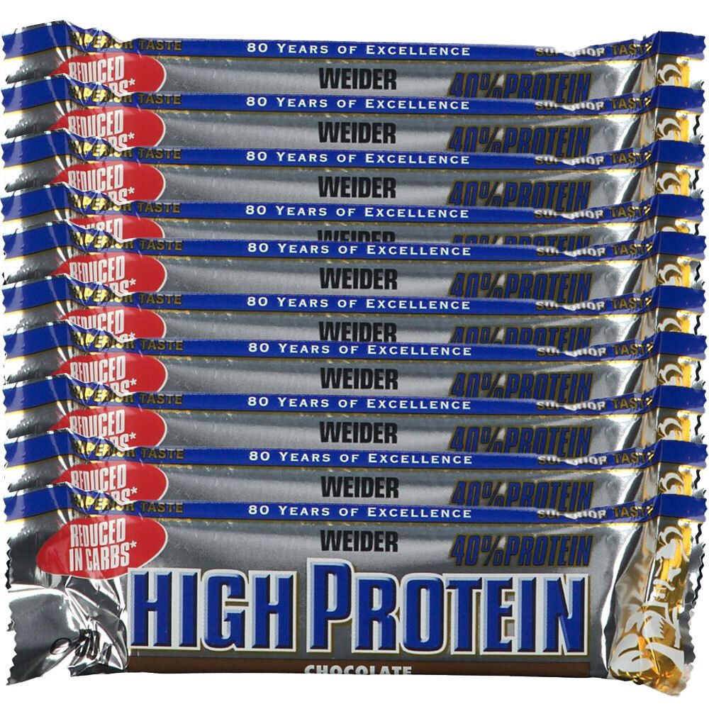 Paquet de barres protéinées. Inscription : Weider, 40% Protein, High Protein, Chocolat. Emballage bleu et argenté.