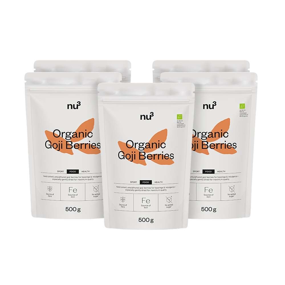 Plusieurs sachets de baies de goji bio nu3. Sachets blancs avec logo et texte orange. Paquet de 500g.