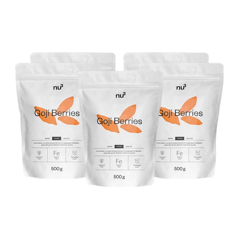 Plusieurs sachets de baies de goji nu3. Sachets blancs avec illustrations oranges et informations sur le produit. 500g.