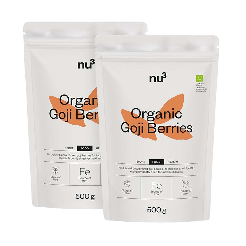 Deux sachets de baies de goji bio nu3. Sachets blancs avec logo feuille orange et texte. Paquet de 500g, label bio.
