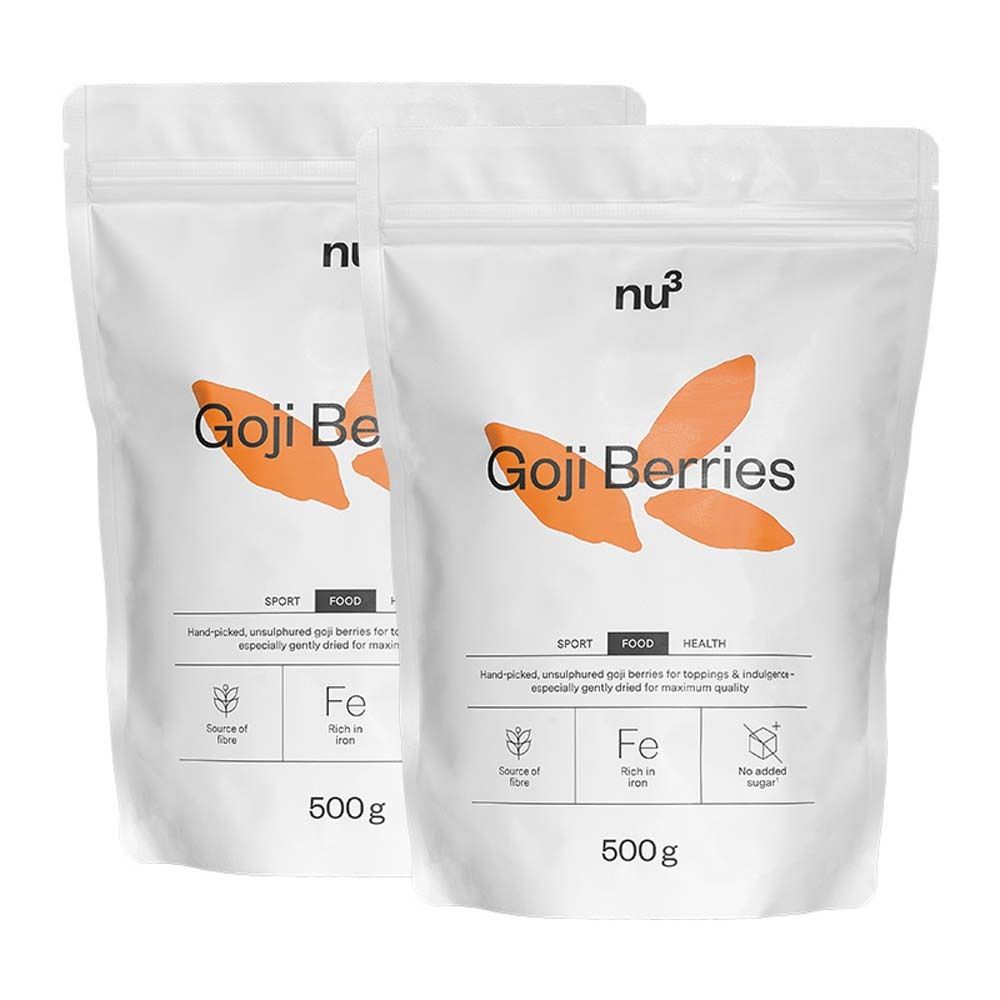 Deux sachets de baies de goji nu3. Sachets blancs avec nom et logo du produit. Paquet de 500g.
