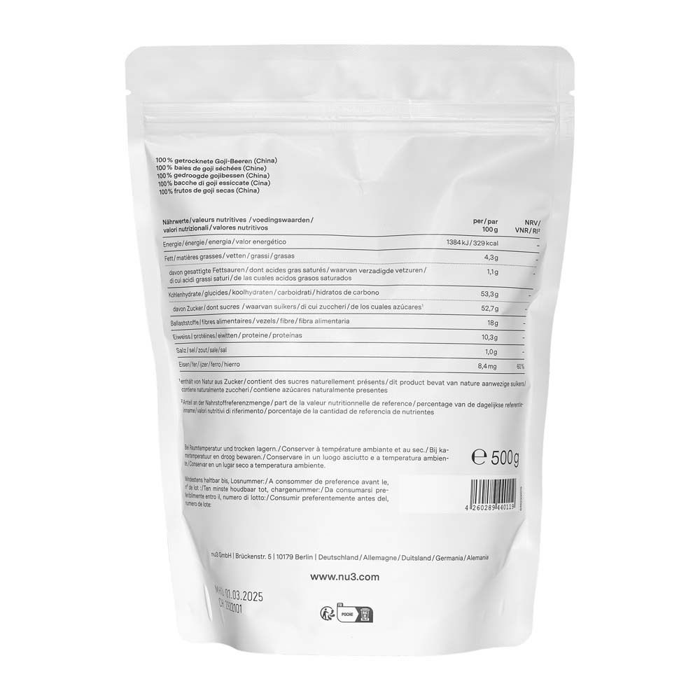 Dos d'un sachet de baies de goji nu3. Contient des informations nutritionnelles et les coordonnées du fabricant.
