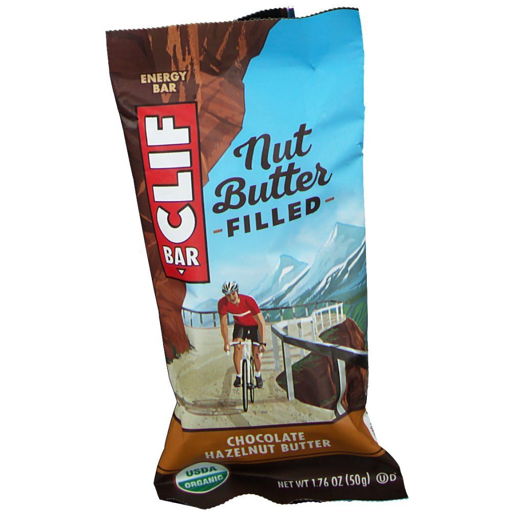 Emballage CLIF Bar Bio Nut Butter Filled Chocolate-Hazelnut. Inscriptions : "Nut Butter Filled", "Chocolate Hazelnut Butter". USDA Organic.