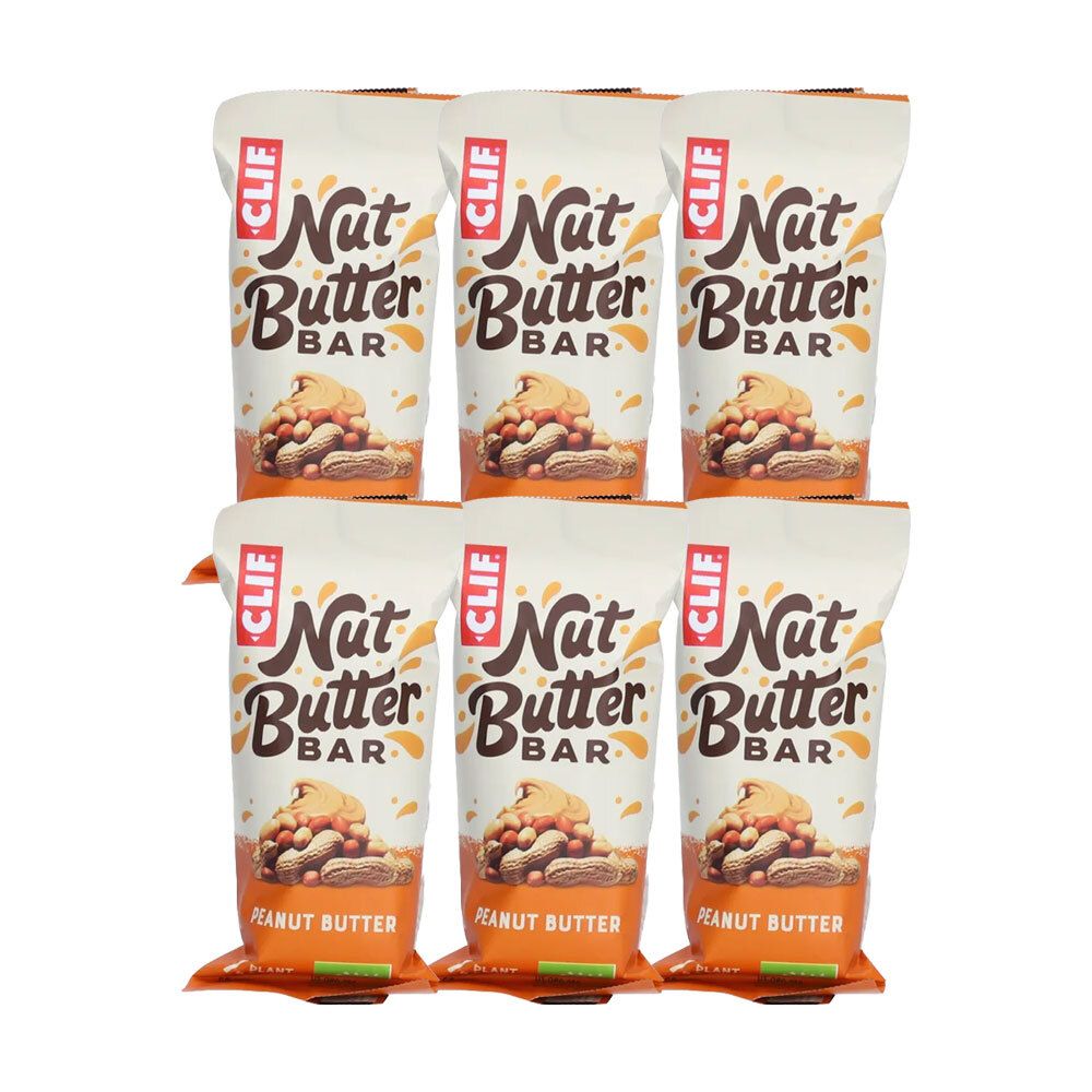 Six barres CLIF Nut Butter, beurre de cacahuète, en emballage. Marque et nom du produit visibles.