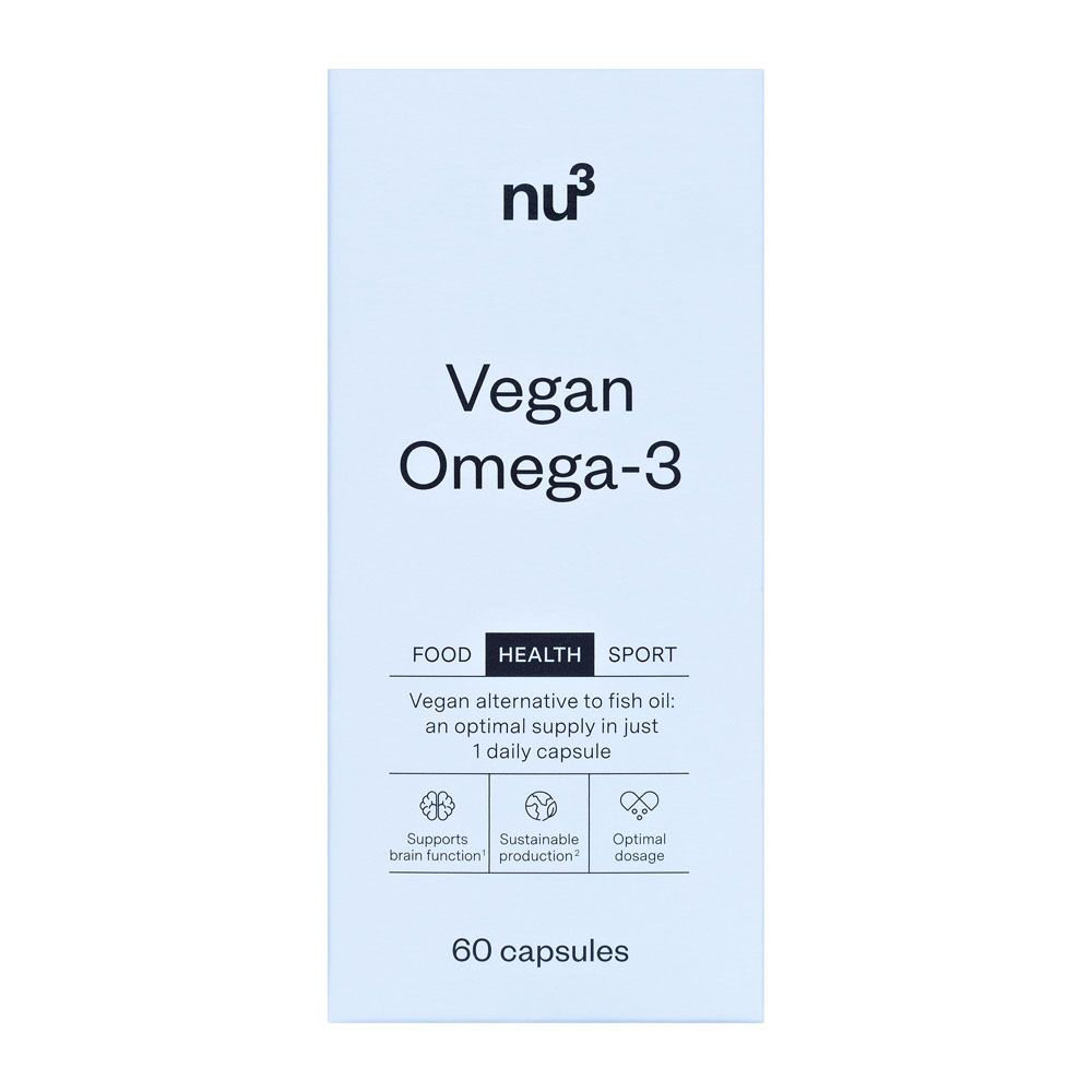 Emballage blanc de 60 gélules Vegan Omega-3. Marque nu3.