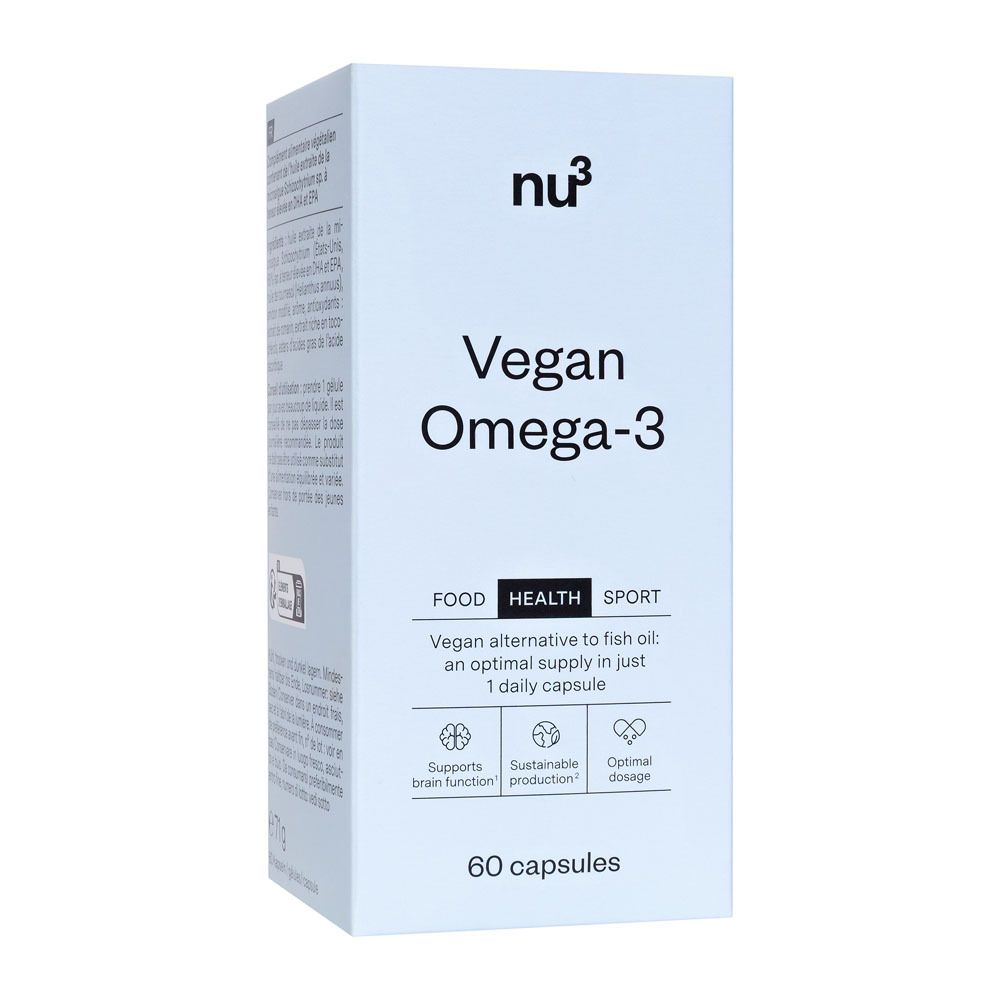 Emballage blanc de 60 gélules Vegan Omega-3. Marque nu3.