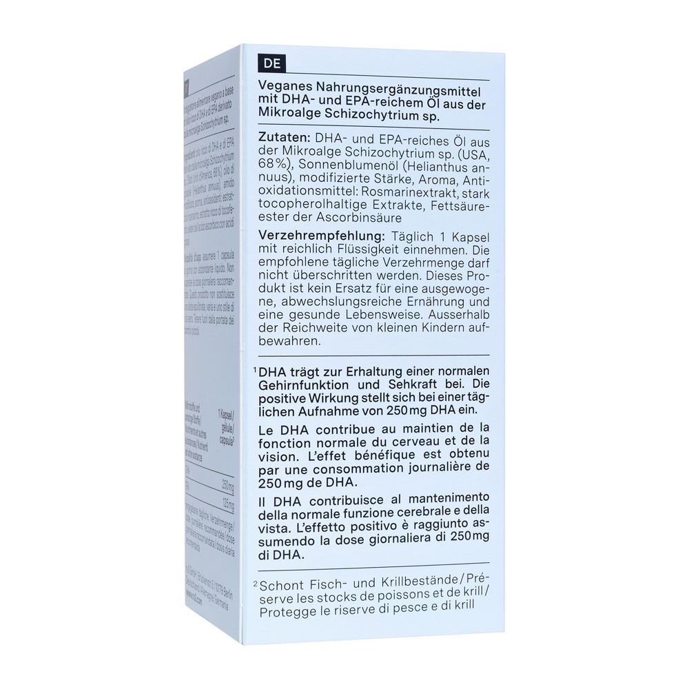 Dos de l'emballage avec ingrédients et conseils d'utilisation des gélules Omega-3 vegan.