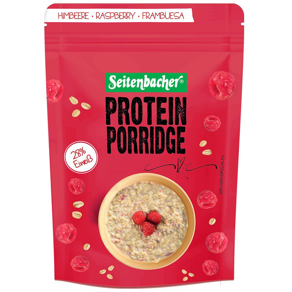 Emballage rouge de Seitenbacher Protein Porridge. Image de porridge aux framboises. Texte : 28% de protéines.