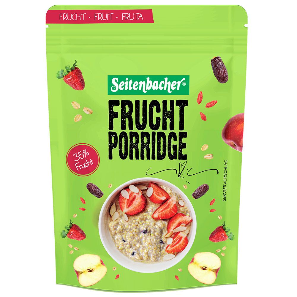 Sachet vert de Frucht Porridge Seitenbacher. Représentation de porridge aux fruits. 35% de fruits.